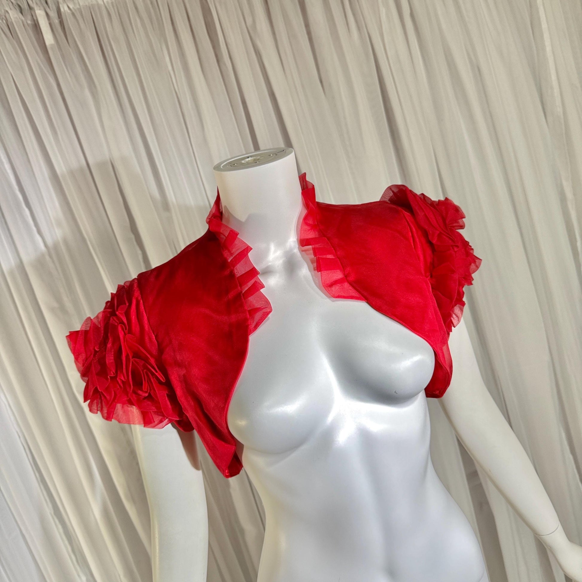 vintage 1990s evening jacket shrug, Vibrant red organza ruffled cocktail party shoulder cover