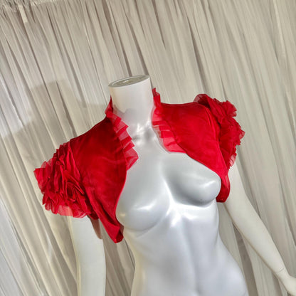 vintage 1990s evening jacket shrug, Vibrant red organza ruffled cocktail party shoulder cover