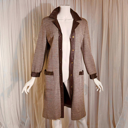 vintage 1960s Mod wool midi coat, The PHYLLIS LOOK brown chevron & leather walking coat