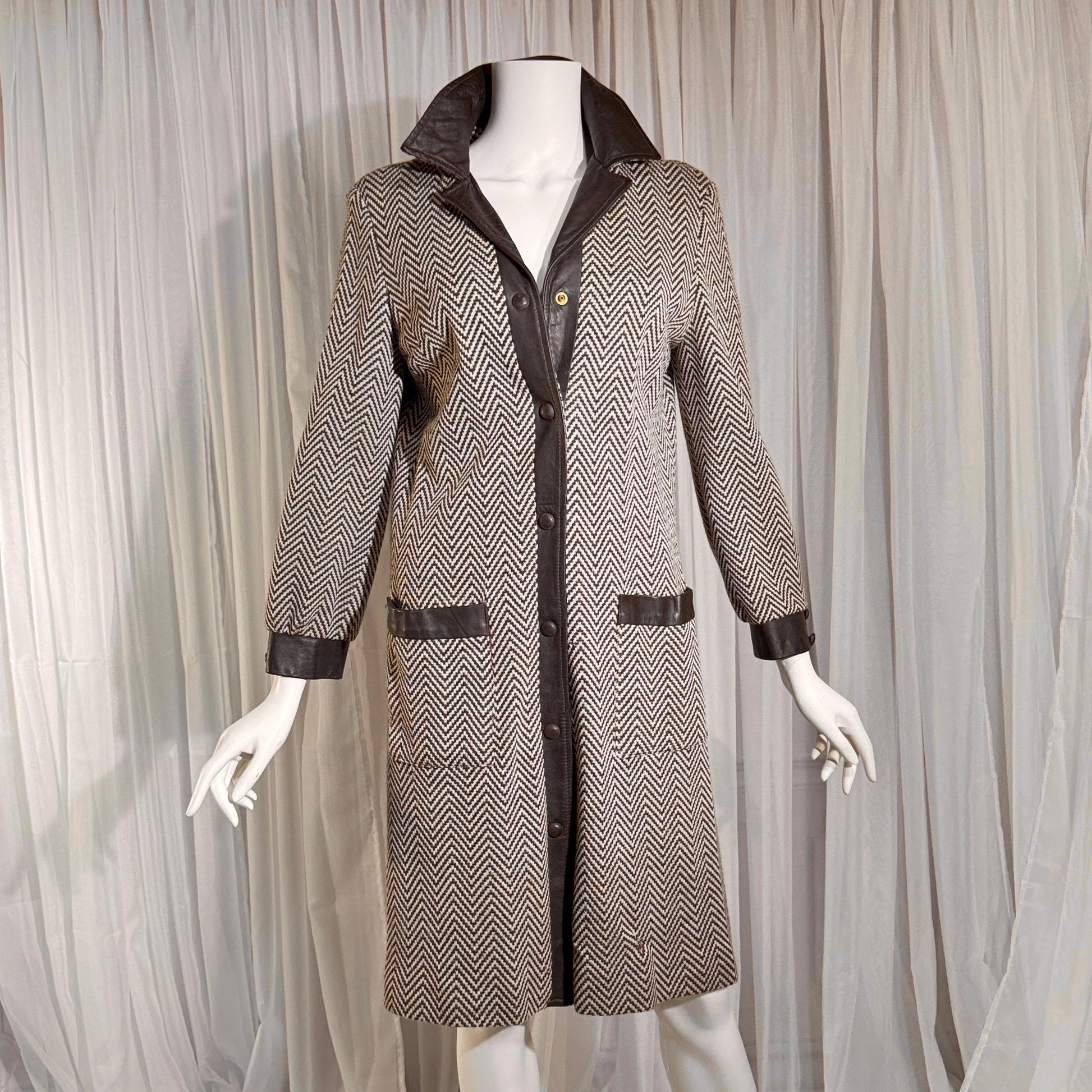 vintage 1960s Mod wool midi coat, The PHYLLIS LOOK brown chevron & leather walking coat