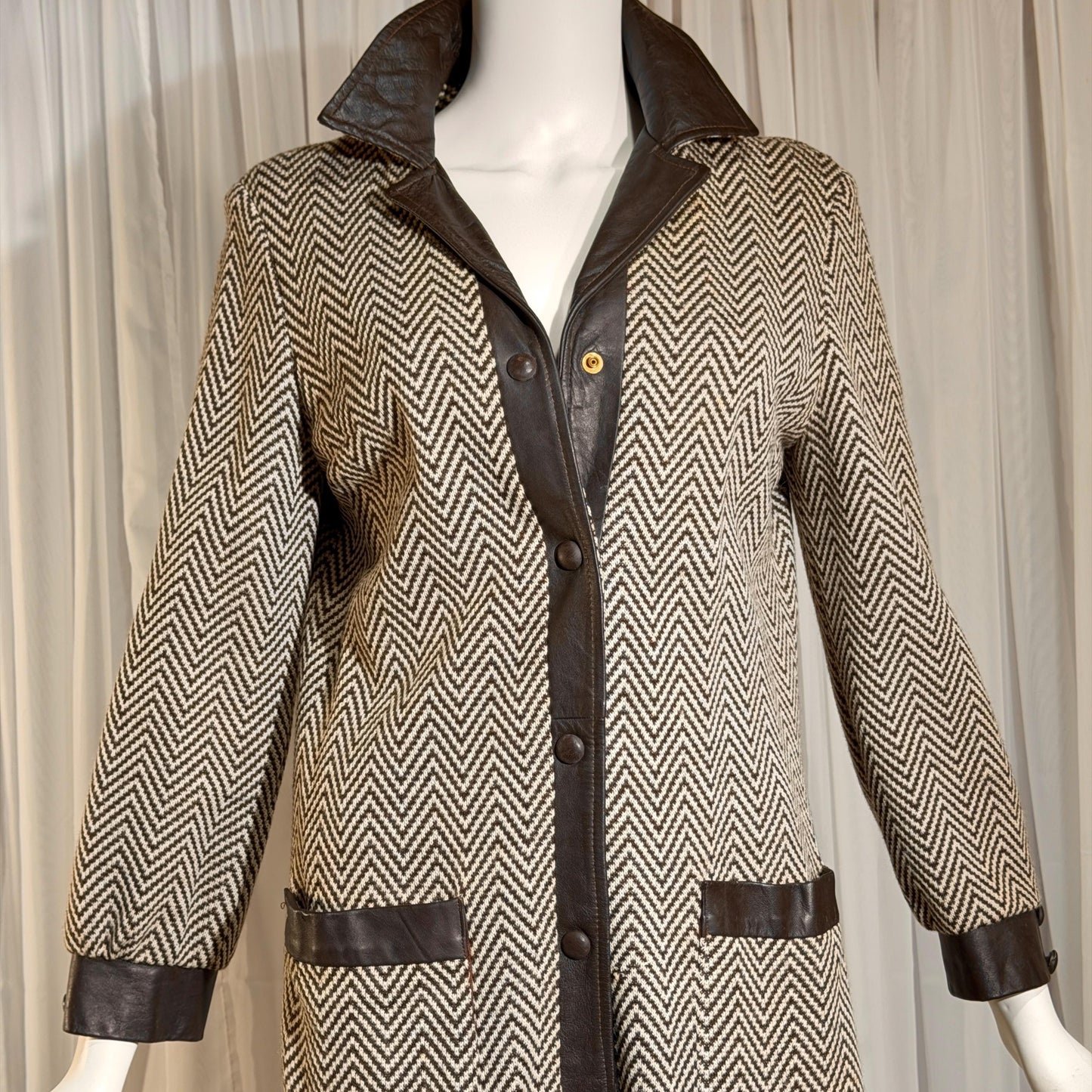 vintage 1960s Mod wool midi coat, The PHYLLIS LOOK brown chevron & leather walking coat
