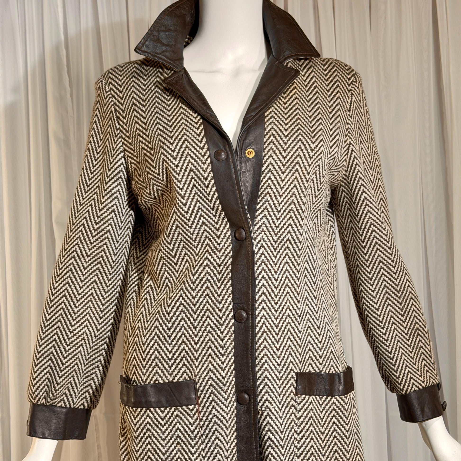 vintage 1960s Mod wool midi coat, The PHYLLIS LOOK brown chevron & leather walking coat