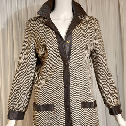 vintage 1960s Mod wool midi coat, The PHYLLIS LOOK brown chevron & leather walking coat