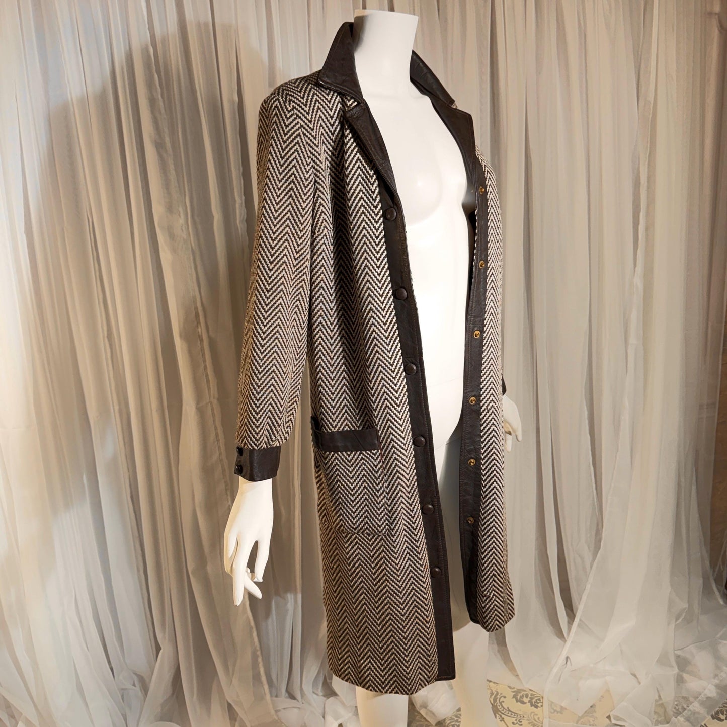 vintage 1960s Mod wool midi coat, The PHYLLIS LOOK brown chevron & leather walking coat