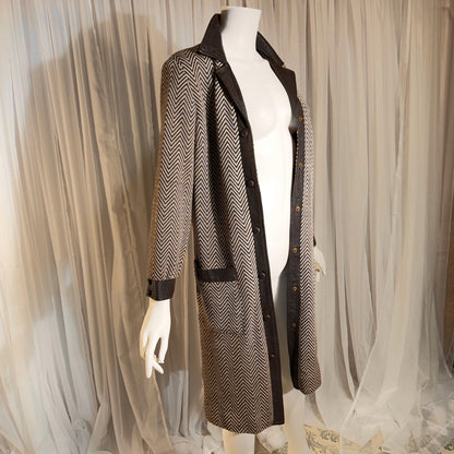 vintage 1960s Mod wool midi coat, The PHYLLIS LOOK brown chevron & leather walking coat