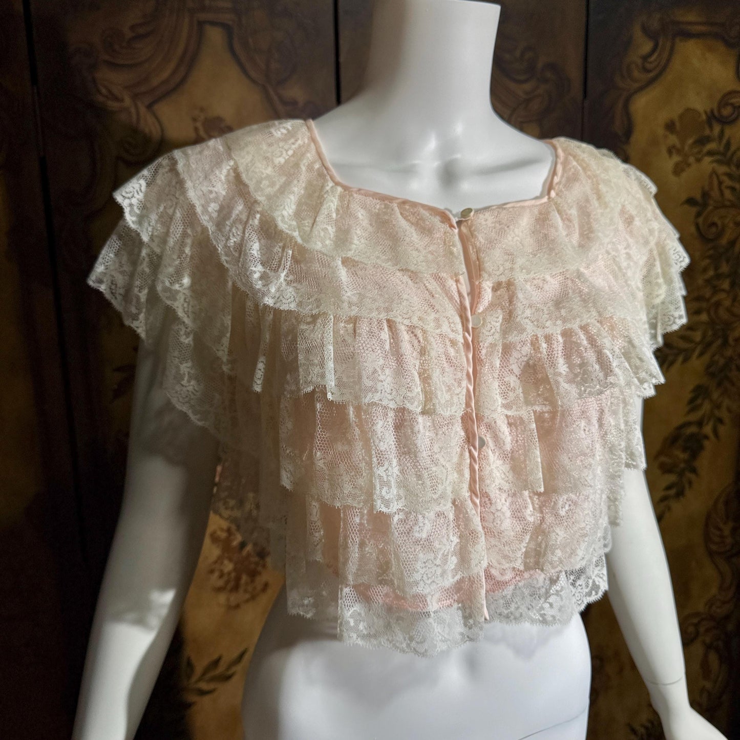 vintage 1950s bed night jacket, MONTALDO'S palest pink ruffled evening topper
