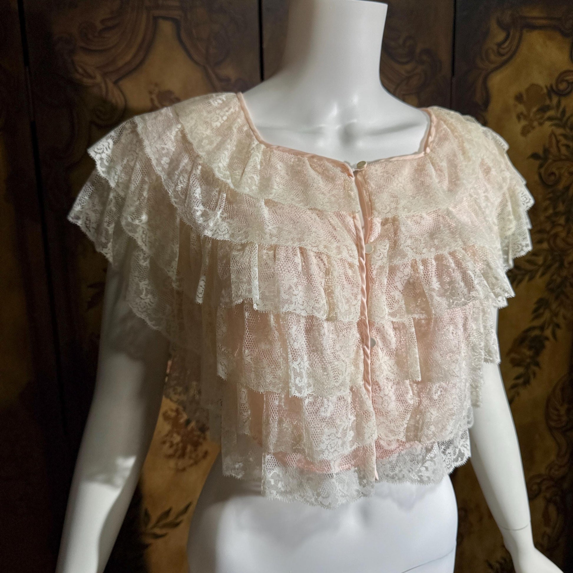 vintage 1950s bed night jacket, MONTALDO'S palest pink ruffled evening topper