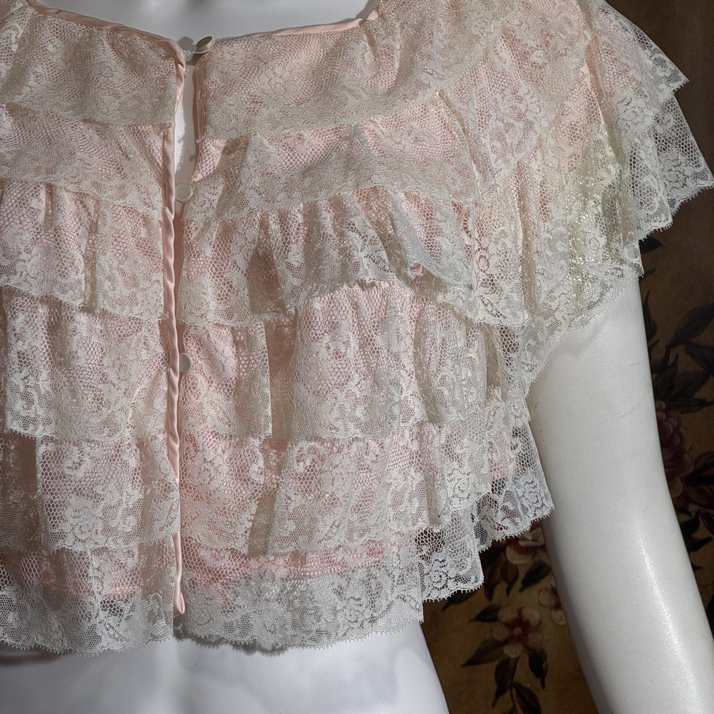 vintage 1950s bed night jacket, MONTALDO'S palest pink ruffled evening topper