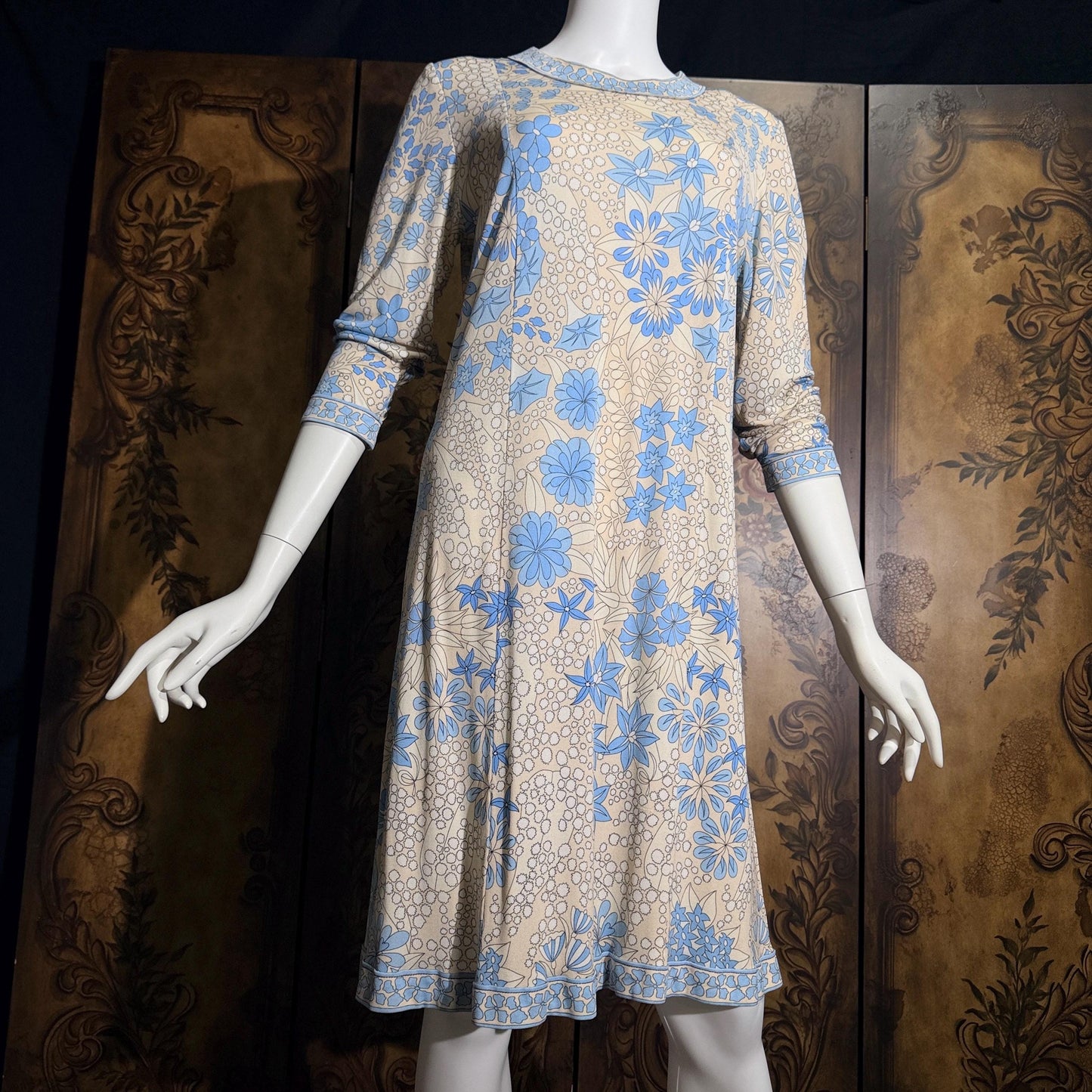 vintage Y2K AVERARDO BESSI Shift Dress, Blue silk abstract floral casual day work dress Medium