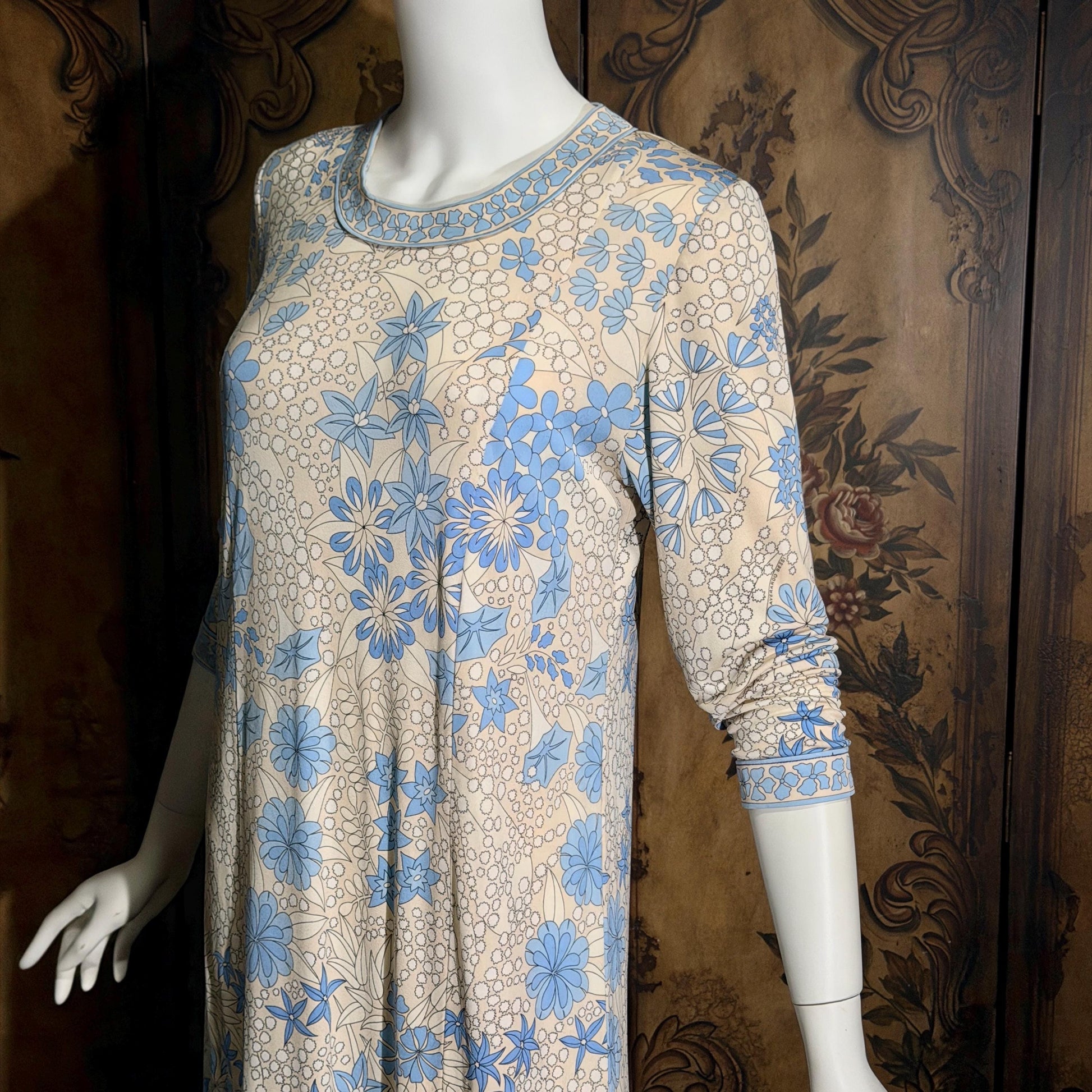 vintage Y2K AVERARDO BESSI Shift Dress, Blue silk abstract floral casual day work dress Medium