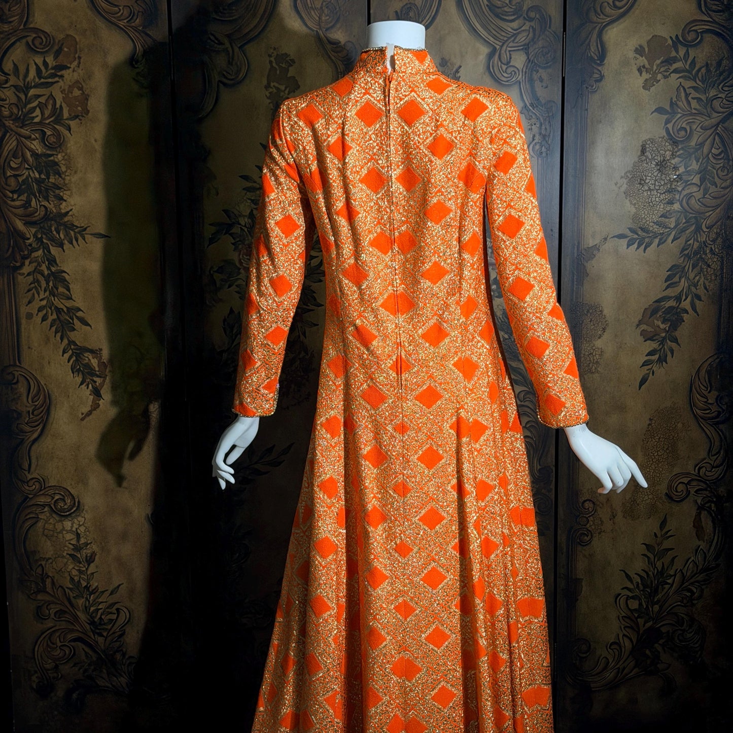 vintage 1960s evening dress, Neon Orange Metallic Mod acrylic maxi hostess dress