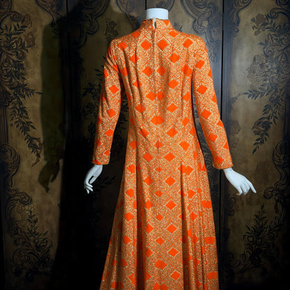 vintage 1960s evening dress, Neon Orange Metallic Mod acrylic maxi hostess dress