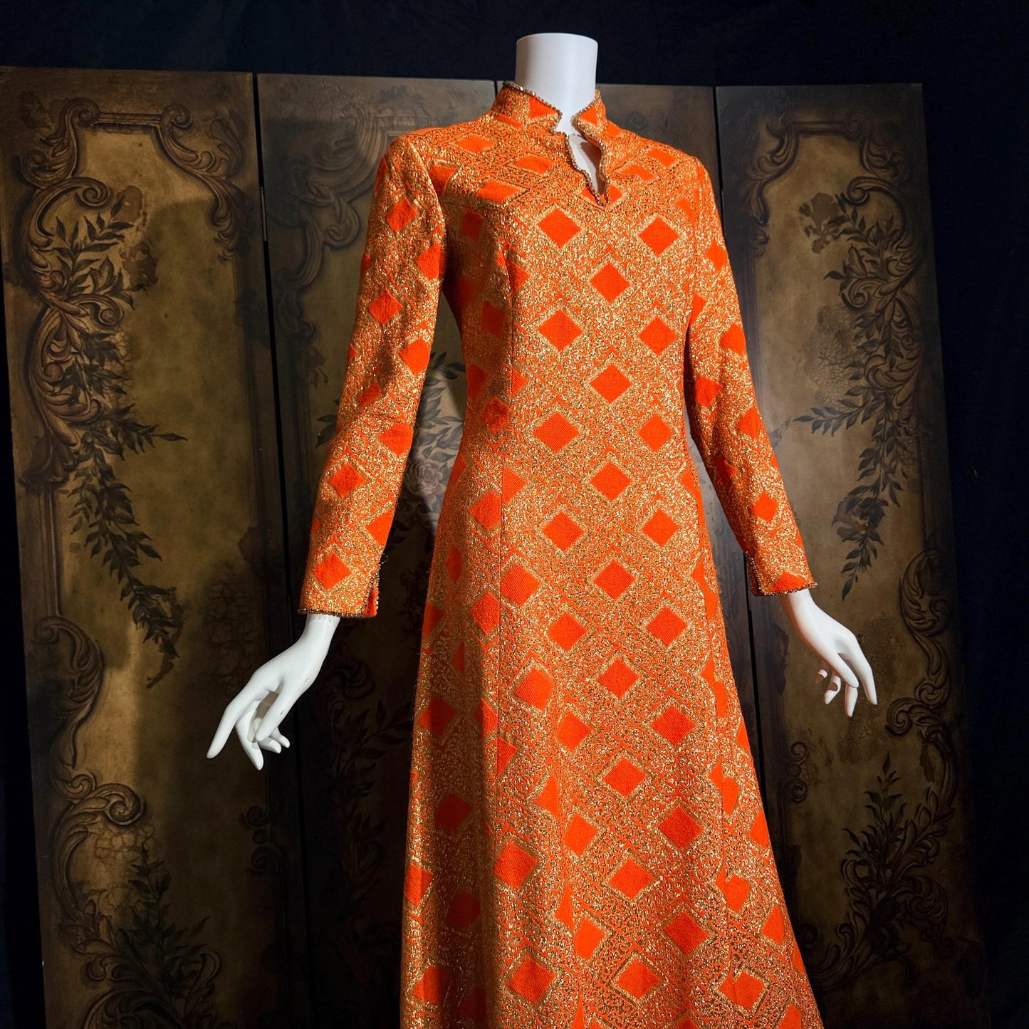 vintage 1960s evening dress, Neon Orange Metallic Mod acrylic maxi hostess dress