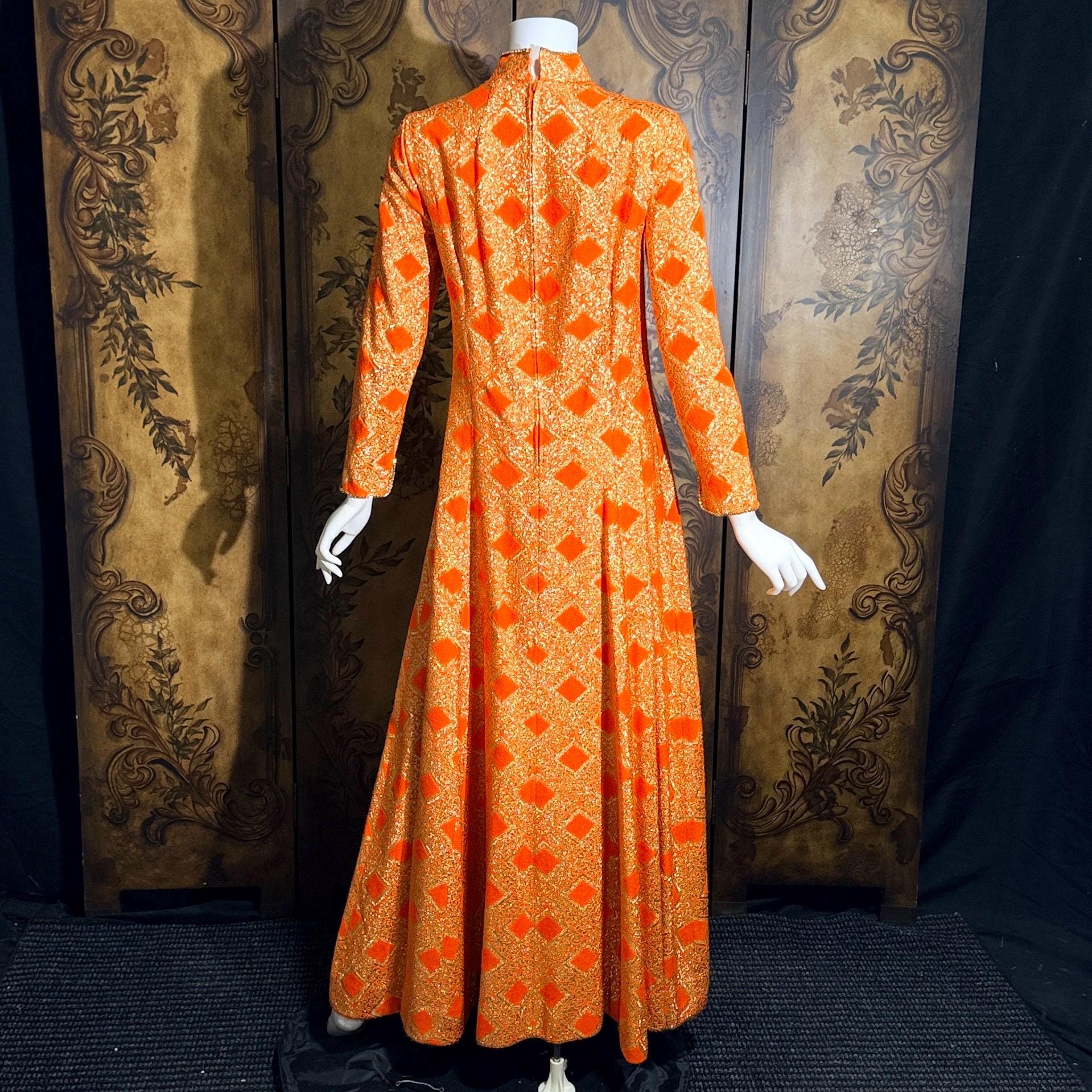 vintage 1960s evening dress, Neon Orange Metallic Mod acrylic maxi hostess dress