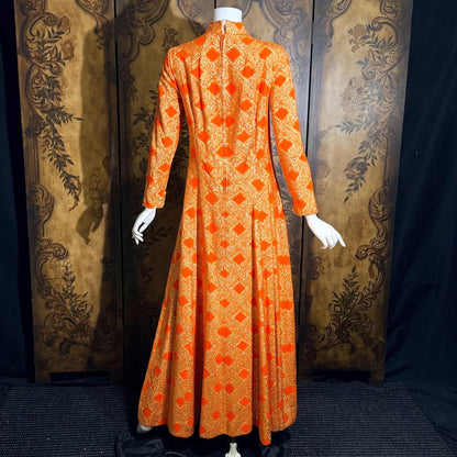 vintage 1960s evening dress, Neon Orange Metallic Mod acrylic maxi hostess dress
