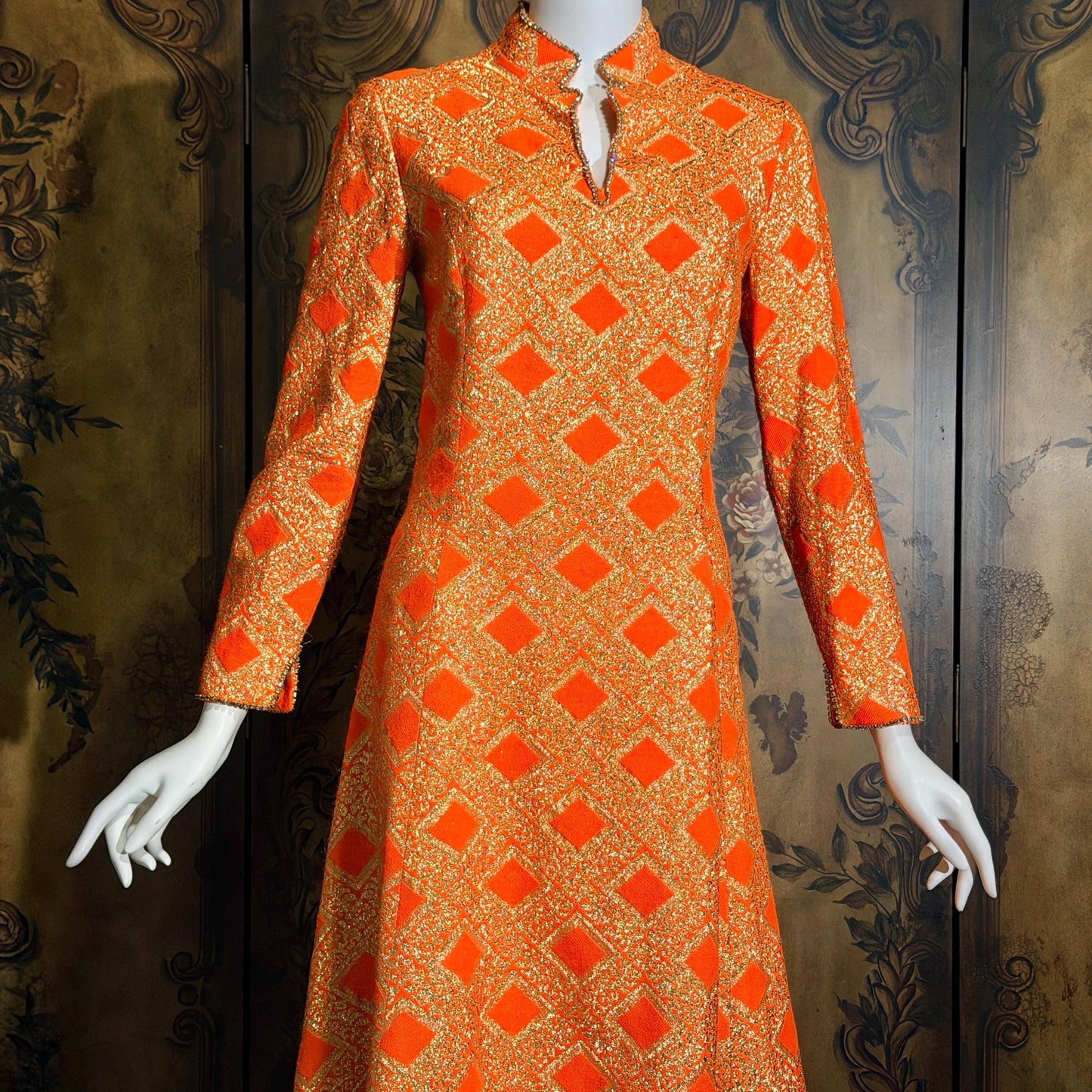 vintage 1960s evening dress, Neon Orange Metallic Mod acrylic maxi hostess dress