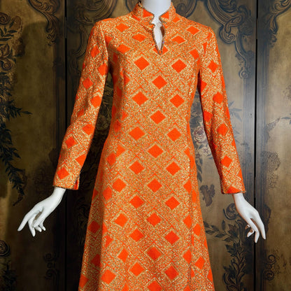 vintage 1960s evening dress, Neon Orange Metallic Mod acrylic maxi hostess dress