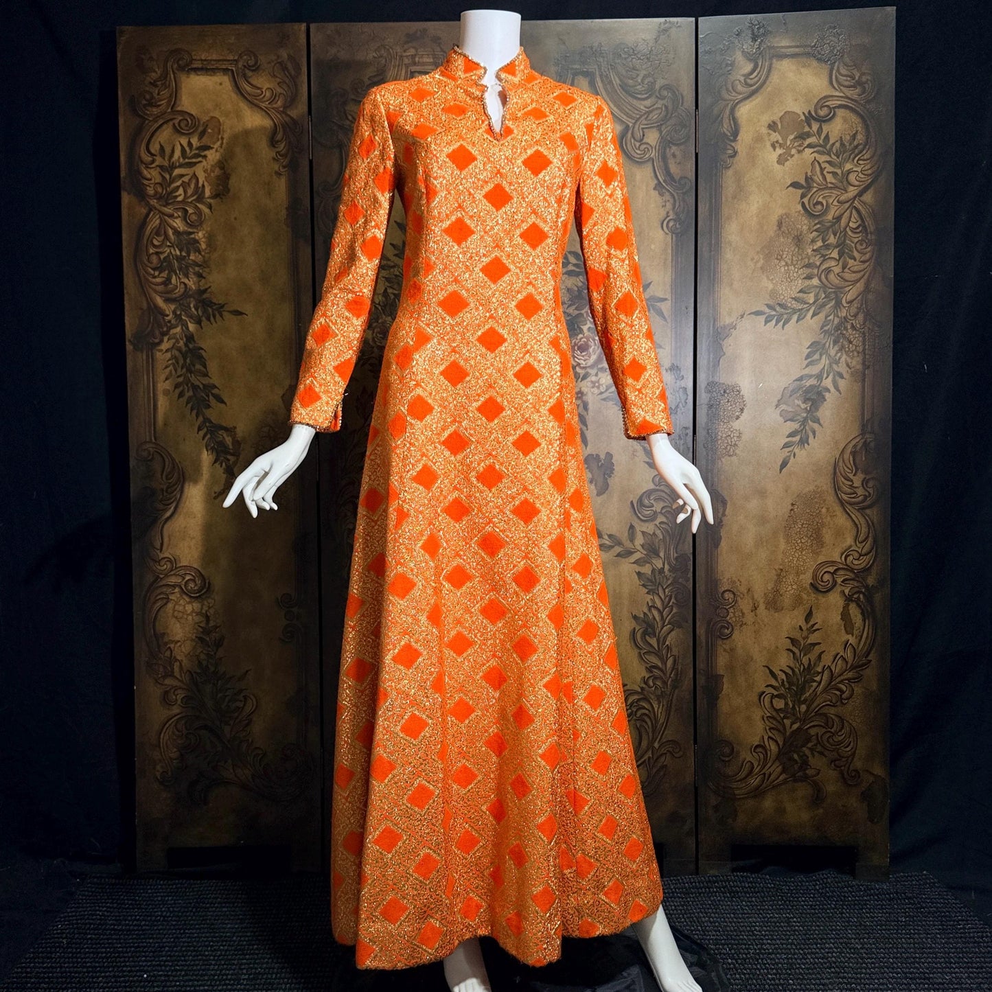 vintage 1960s evening dress, Neon Orange Metallic Mod acrylic maxi hostess dress