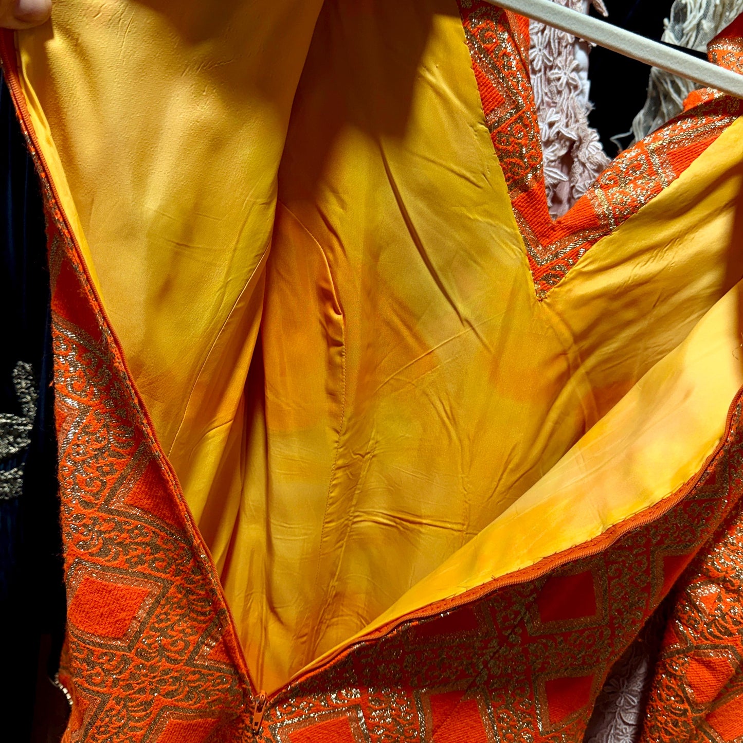 vintage 1960s evening dress, Neon Orange Metallic Mod acrylic maxi hostess dress