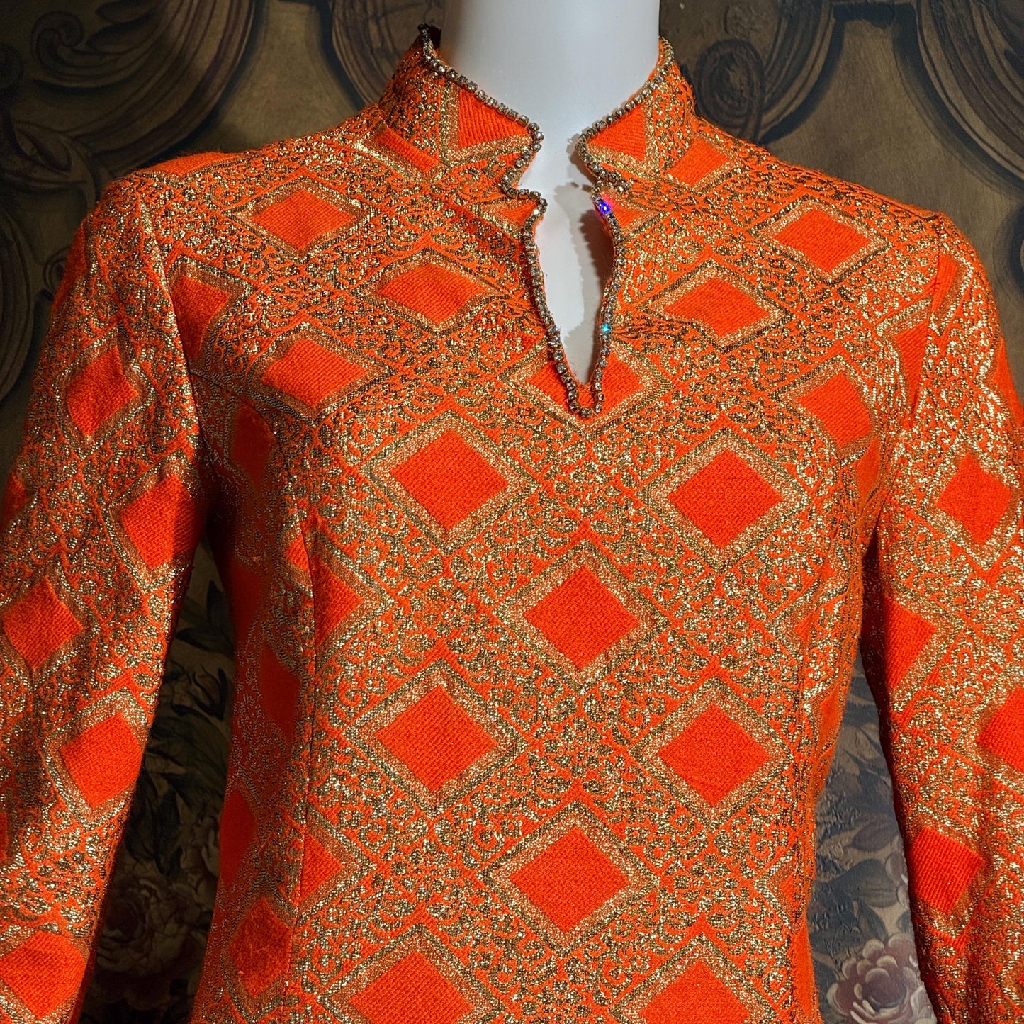 vintage 1960s evening dress, Neon Orange Metallic Mod acrylic maxi hostess dress