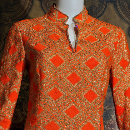vintage 1960s evening dress, Neon Orange Metallic Mod acrylic maxi hostess dress