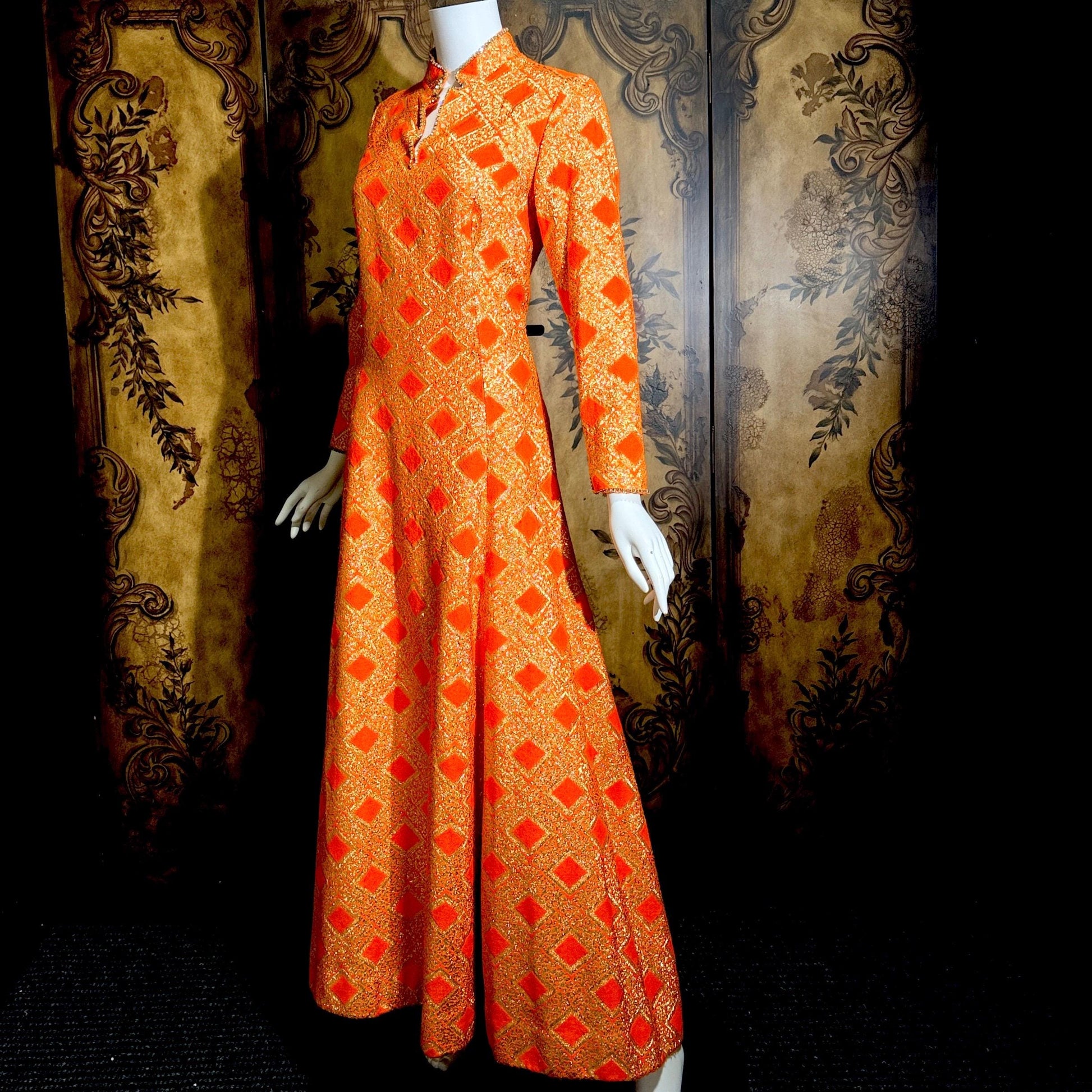 vintage 1960s evening dress, Neon Orange Metallic Mod acrylic maxi hostess dress