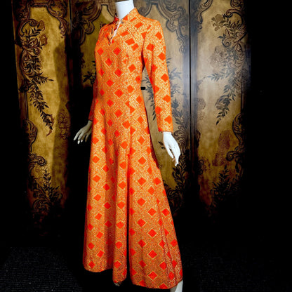 vintage 1960s evening dress, Neon Orange Metallic Mod acrylic maxi hostess dress