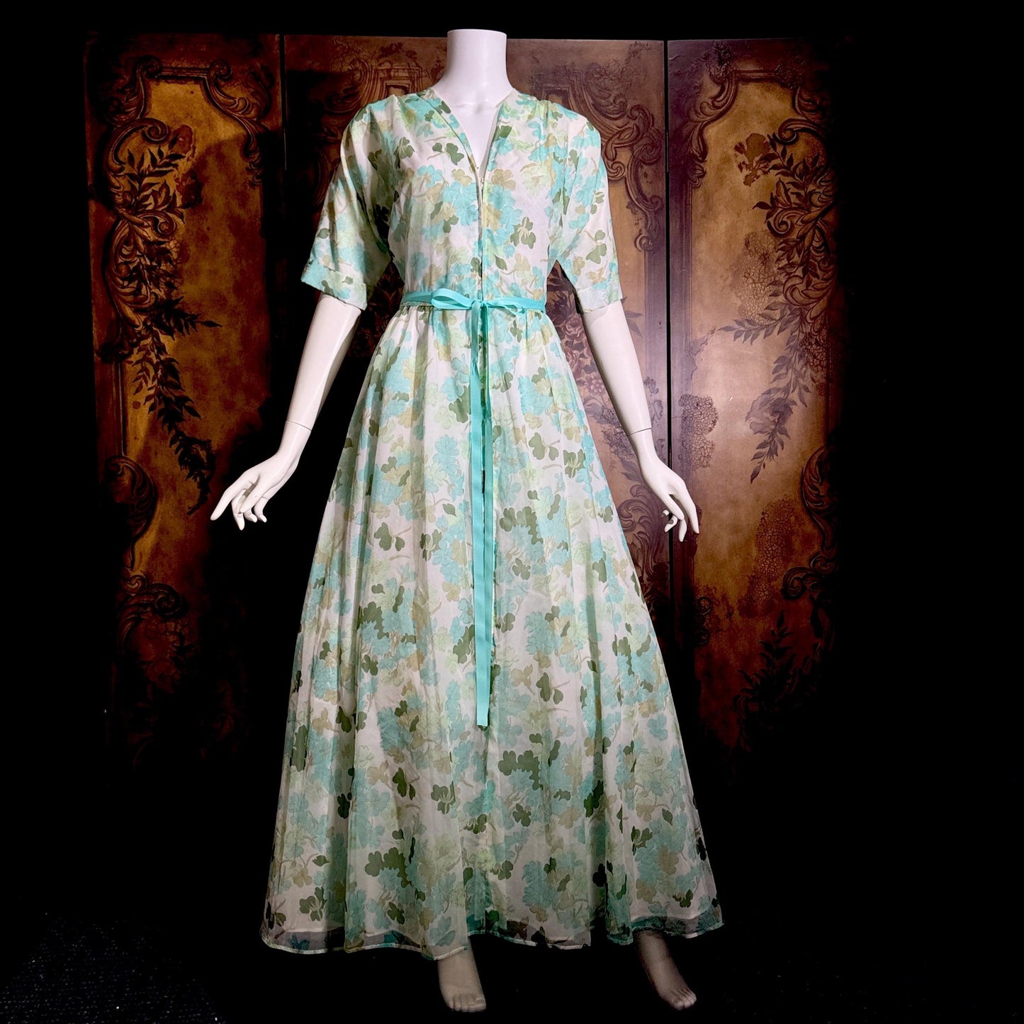 vintge 1950s dressing gown robe, ELIZABETH ARDEN Green floral zip front house hostess dress
