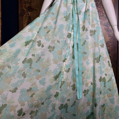 vintge 1950s dressing gown robe, ELIZABETH ARDEN Green floral zip front house hostess dress