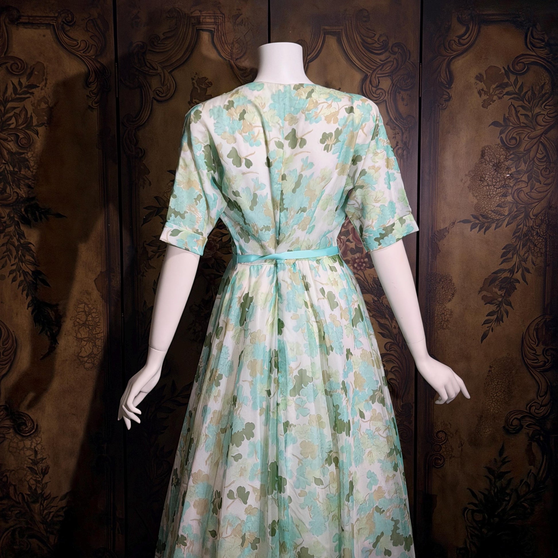 vintge 1950s dressing gown robe, ELIZABETH ARDEN Green floral zip front house hostess dress
