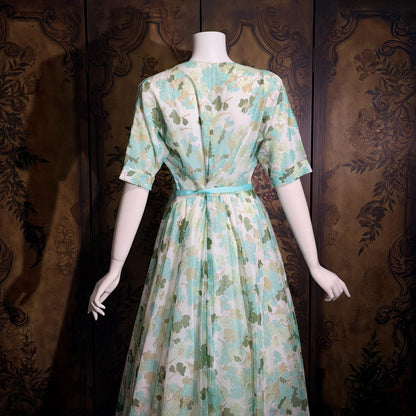vintge 1950s dressing gown robe, ELIZABETH ARDEN Green floral zip front house hostess dress