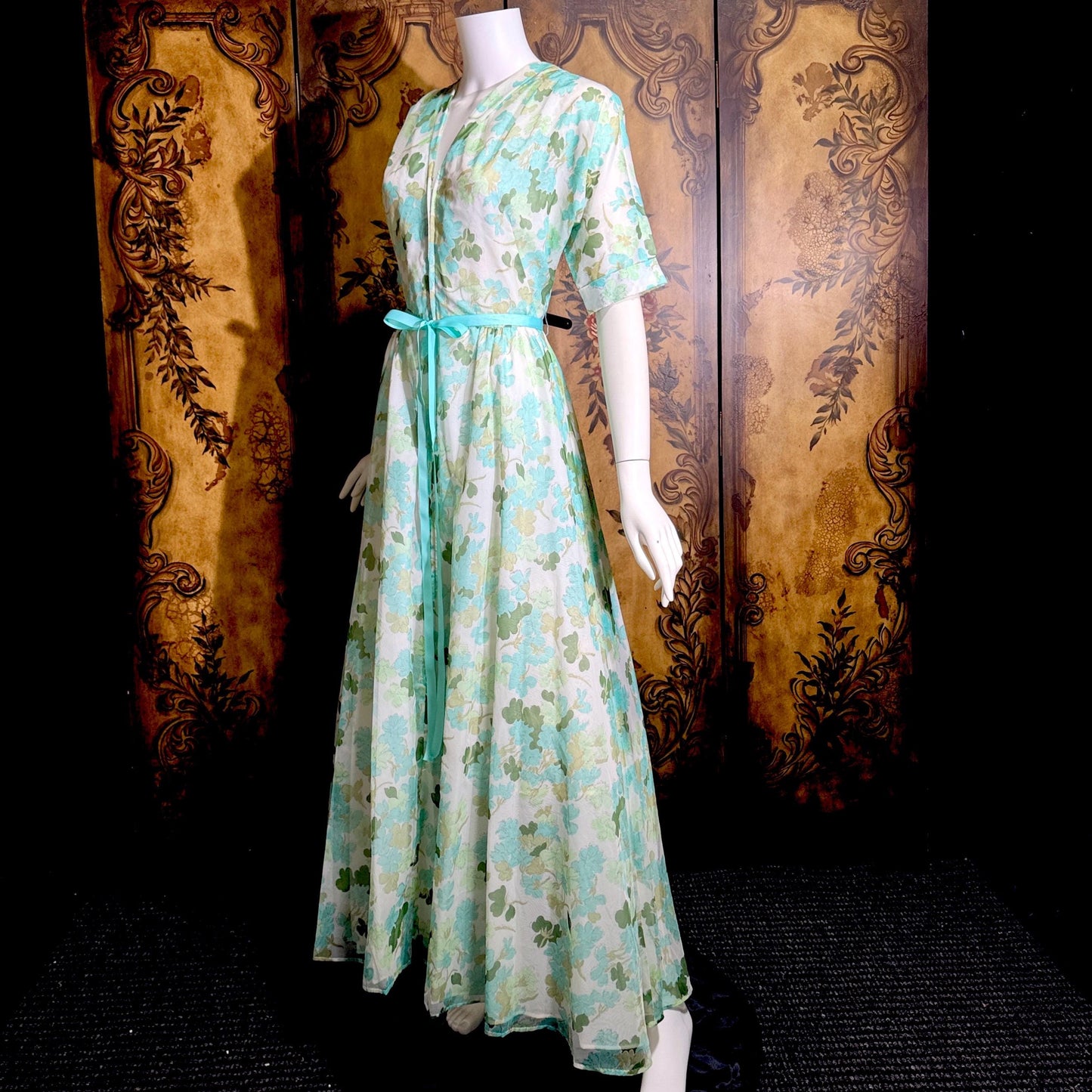vintge 1950s dressing gown robe, ELIZABETH ARDEN Green floral zip front house hostess dress