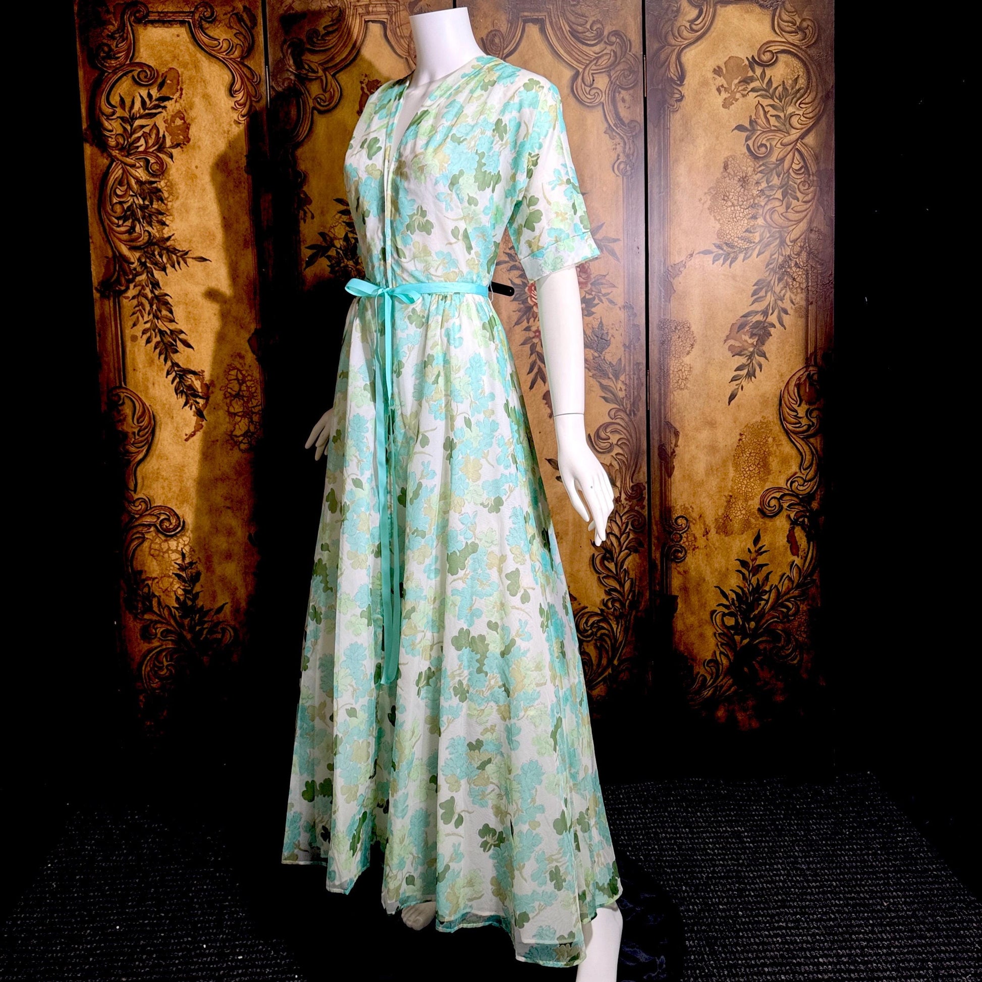 vintge 1950s dressing gown robe, ELIZABETH ARDEN Green floral zip front house hostess dress