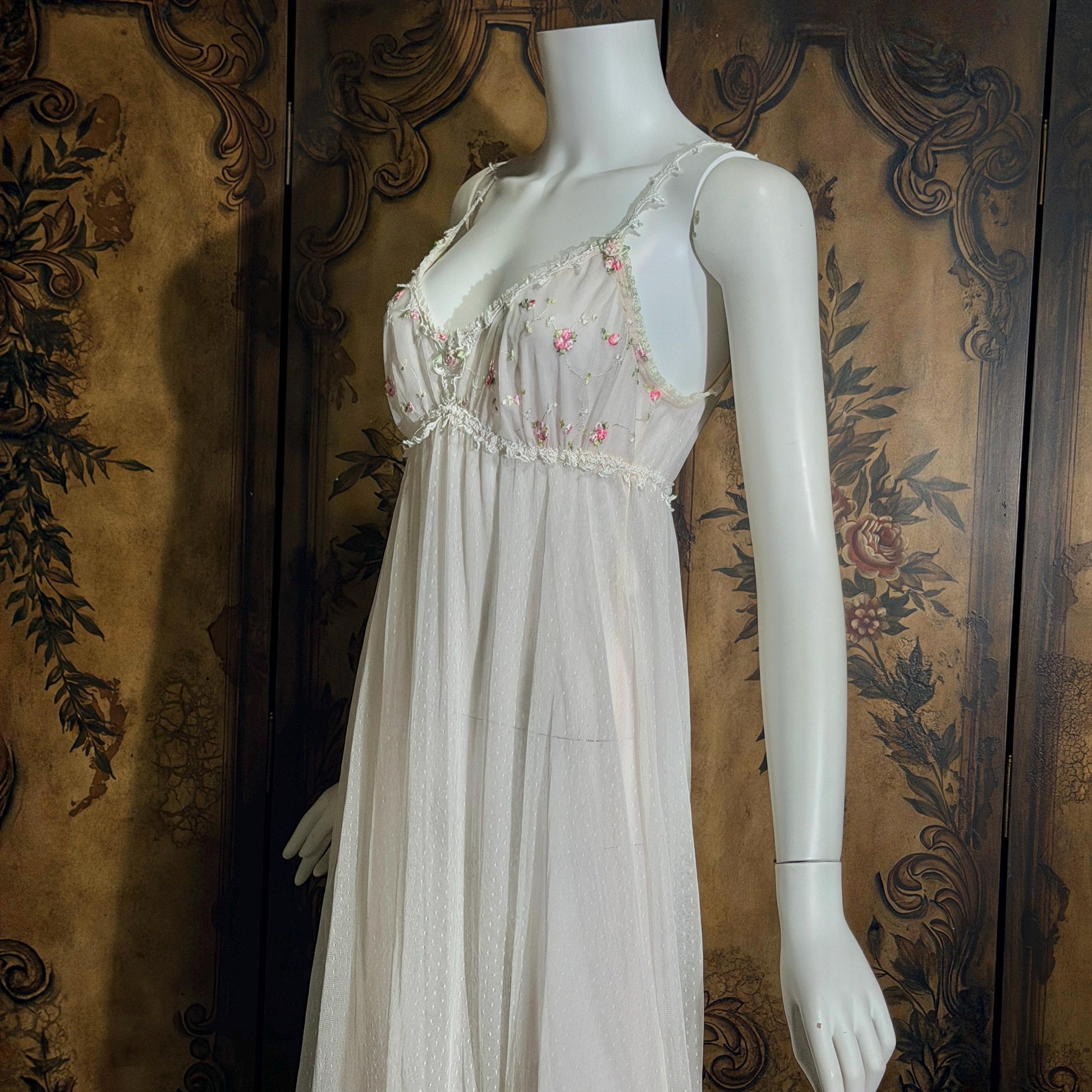 vintage CLAIRE PETTIBONE nightgown slip dress, Tiered Pink & White lace bridal wedding lingerie gown
