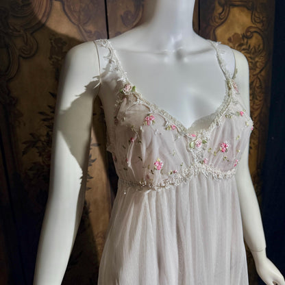 vintage CLAIRE PETTIBONE nightgown slip dress, Tiered Pink & White lace bridal wedding lingerie gown