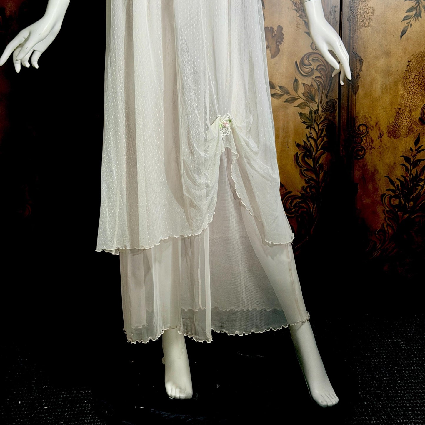 vintage CLAIRE PETTIBONE nightgown slip dress, Tiered Pink & White lace bridal wedding lingerie gown