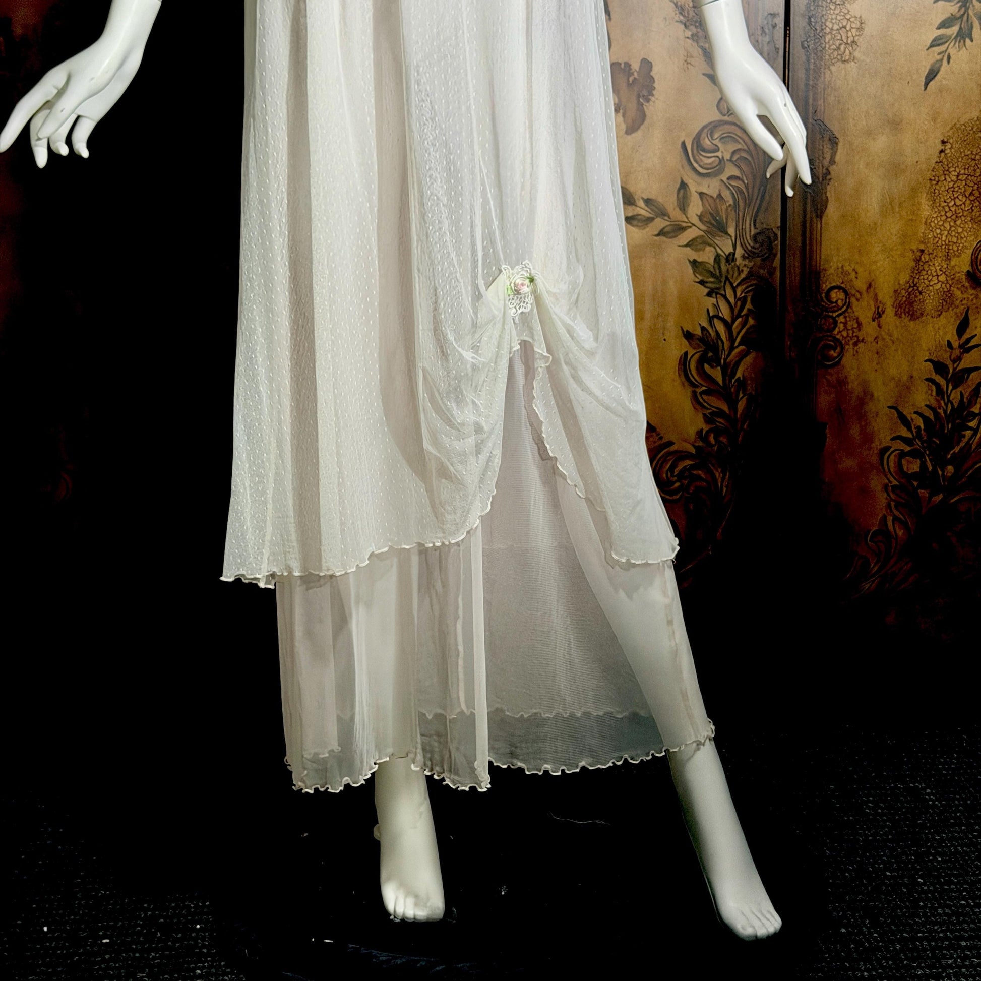 vintage CLAIRE PETTIBONE nightgown slip dress, Tiered Pink & White lace bridal wedding lingerie gown