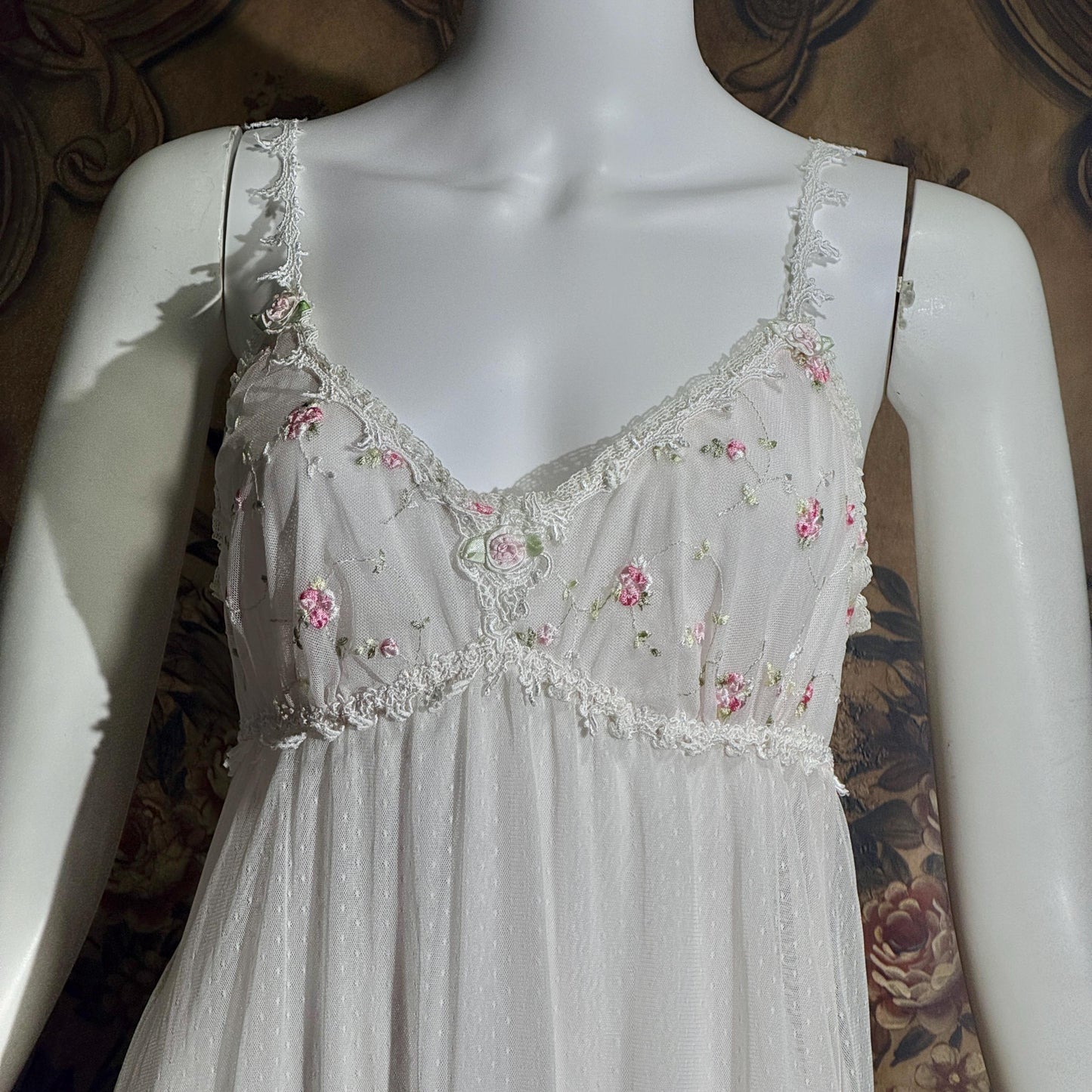 vintage CLAIRE PETTIBONE nightgown slip dress, Tiered Pink & White lace bridal wedding lingerie gown