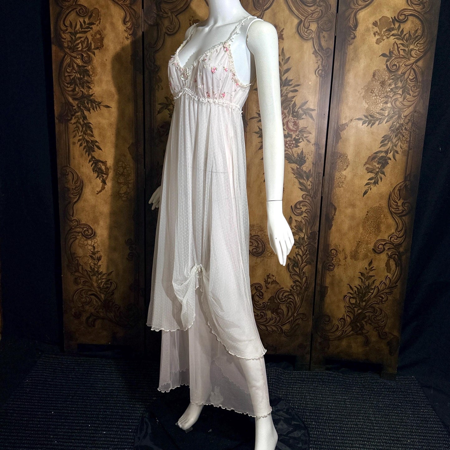 vintage CLAIRE PETTIBONE nightgown slip dress, Tiered Pink & White lace bridal wedding lingerie gown