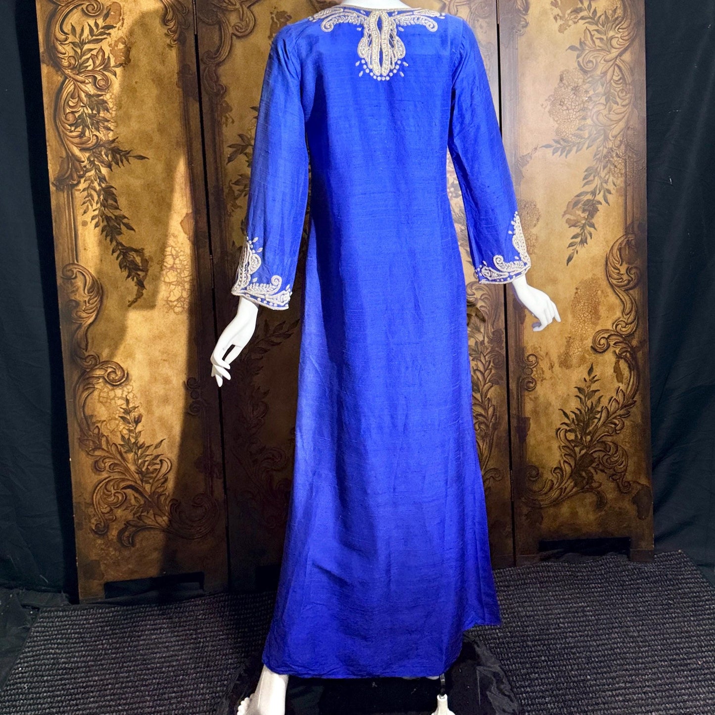 vintage JEANNE MCQUEENY evening caftan, Royal blue raw silk embroidered Kaftan dress gown