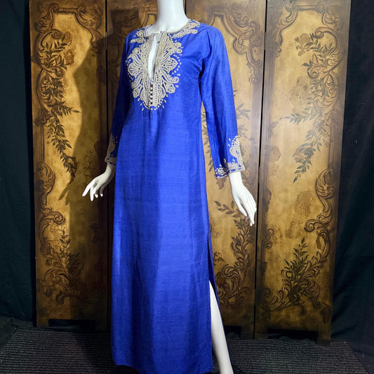 vintage JEANNE MCQUEENY evening caftan, Royal blue raw silk embroidered Kaftan dress gown