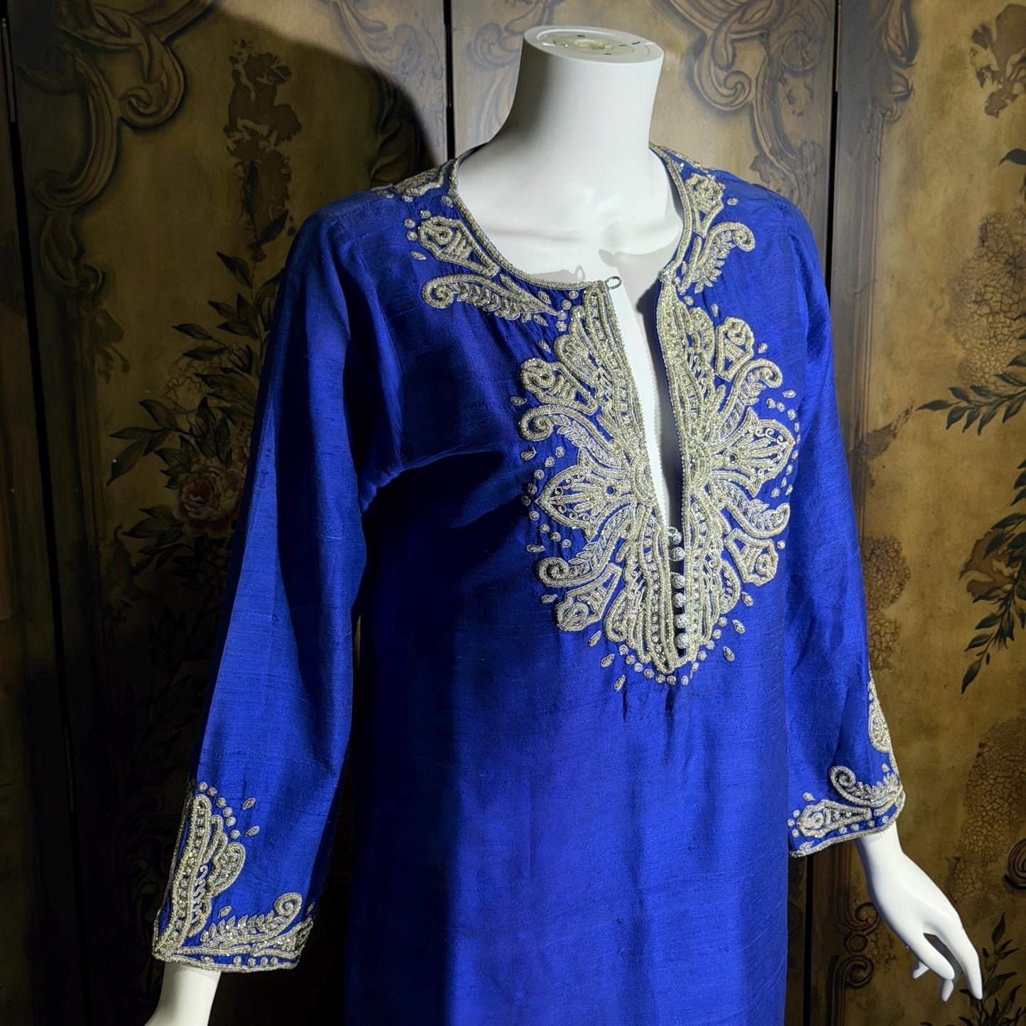vintage JEANNE MCQUEENY evening caftan, Royal blue raw silk embroidered Kaftan dress gown