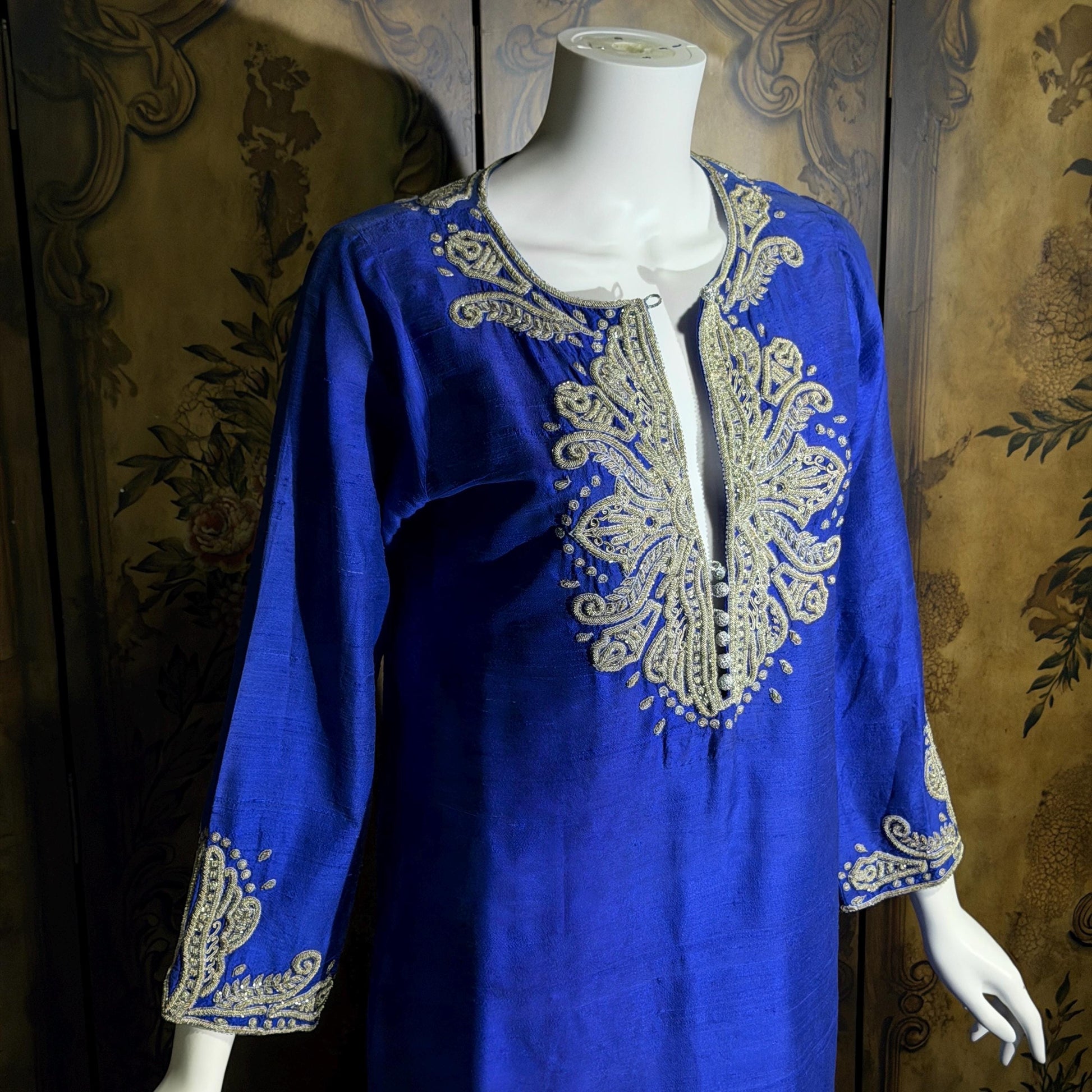 vintage JEANNE MCQUEENY evening caftan, Royal blue raw silk embroidered Kaftan dress gown