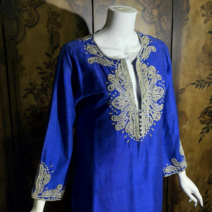 vintage JEANNE MCQUEENY evening caftan, Royal blue raw silk embroidered Kaftan dress gown