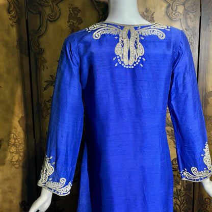 vintage JEANNE MCQUEENY evening caftan, Royal blue raw silk embroidered Kaftan dress gown