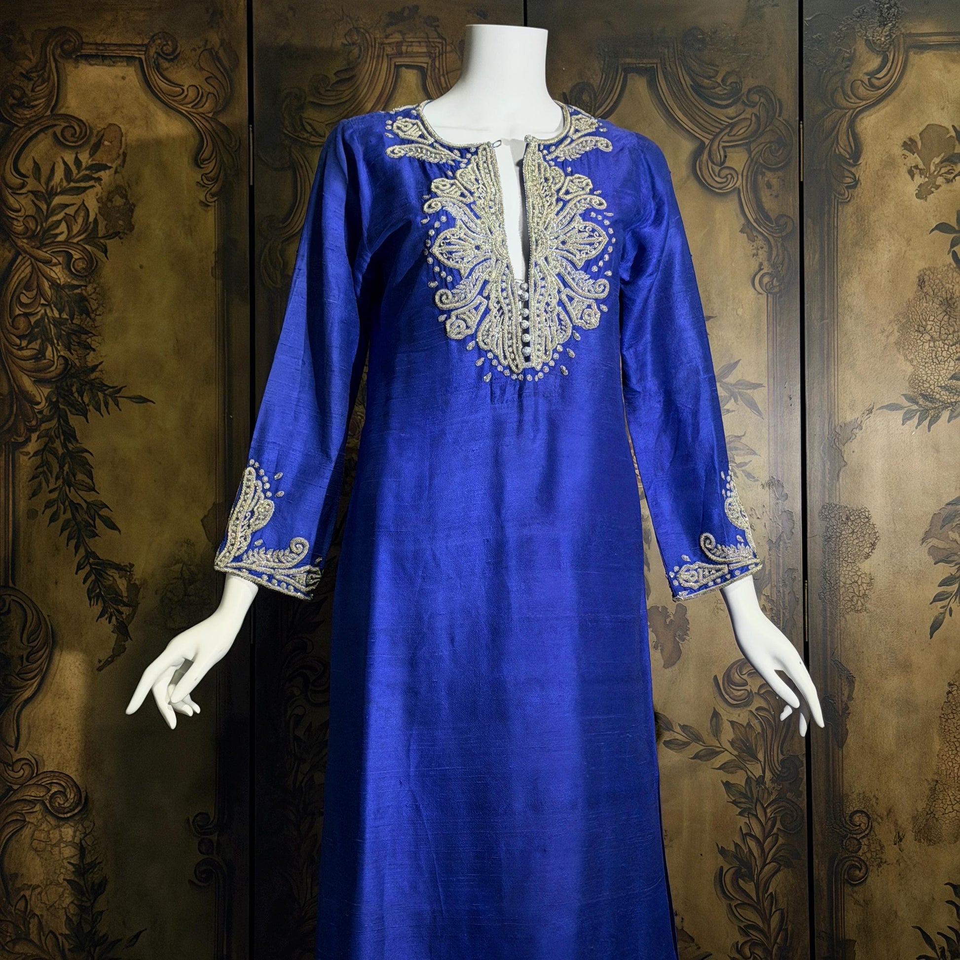 vintage JEANNE MCQUEENY evening caftan, Royal blue raw silk embroidered Kaftan dress gown