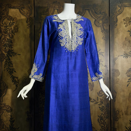 vintage JEANNE MCQUEENY evening caftan, Royal blue raw silk embroidered Kaftan dress gown