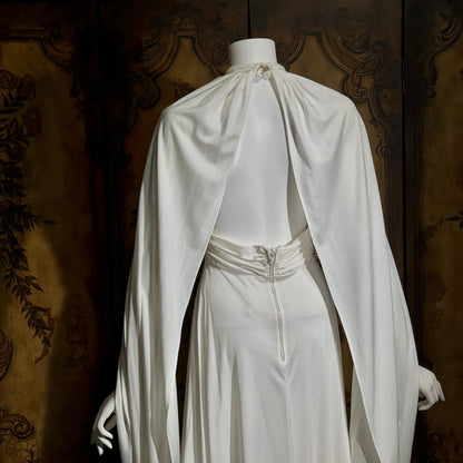 vintage wedding dress gown, 1970s Grecian Goddess white jersey knit gown drape panels
