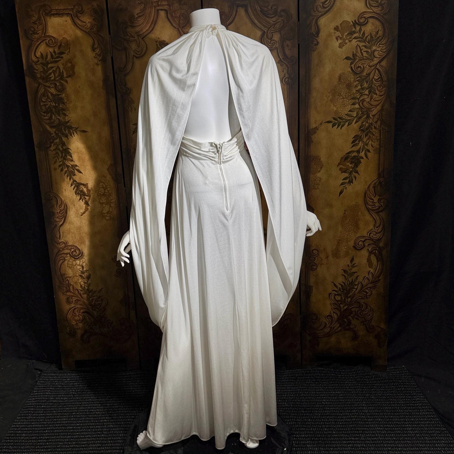 vintage wedding dress gown, 1970s Grecian Goddess white jersey knit gown drape panels