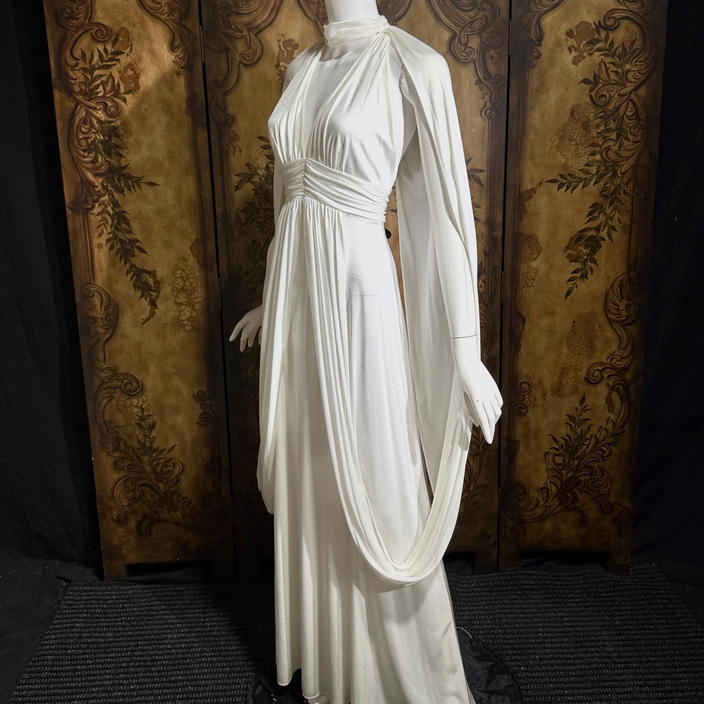 vintage wedding dress gown, 1970s Grecian Goddess white jersey knit gown drape panels